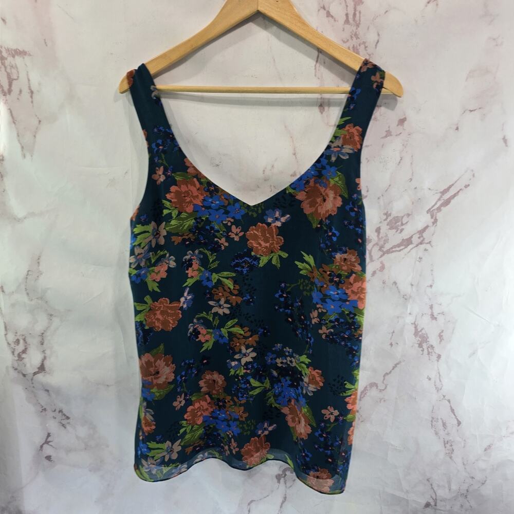 CAbi Tank Top Womens Large Blue Blouse Floral Layer Still Life Double V 3449